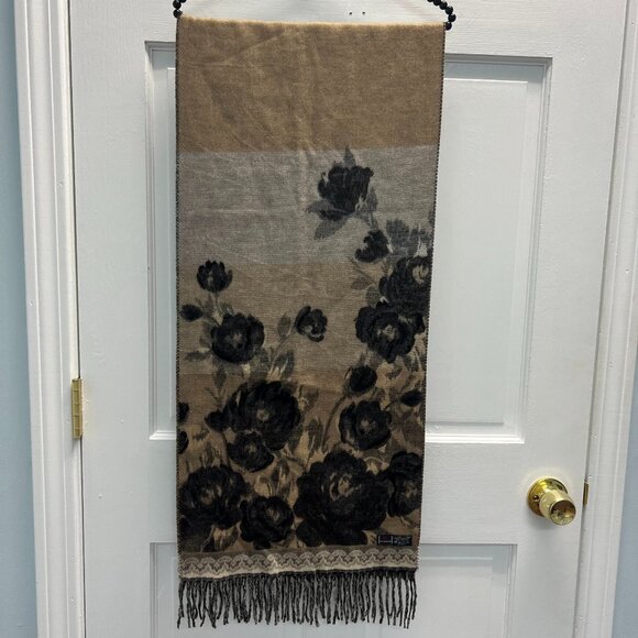 V. FRAAS Cashmink Scarf Fringe Gray And Brown Floral 15 X66” - Picture 1 of 9